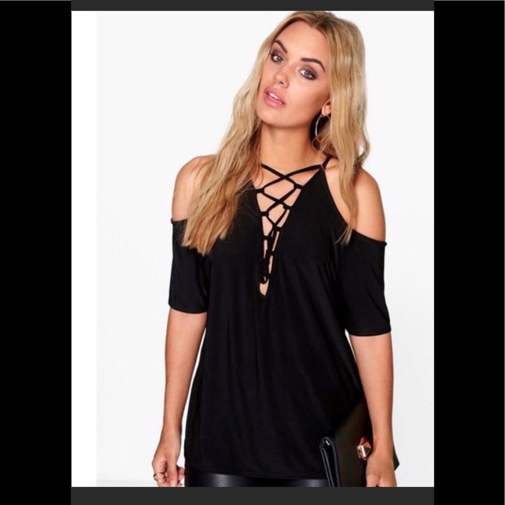 Boohoo Plus black criss cross cold shoulder top